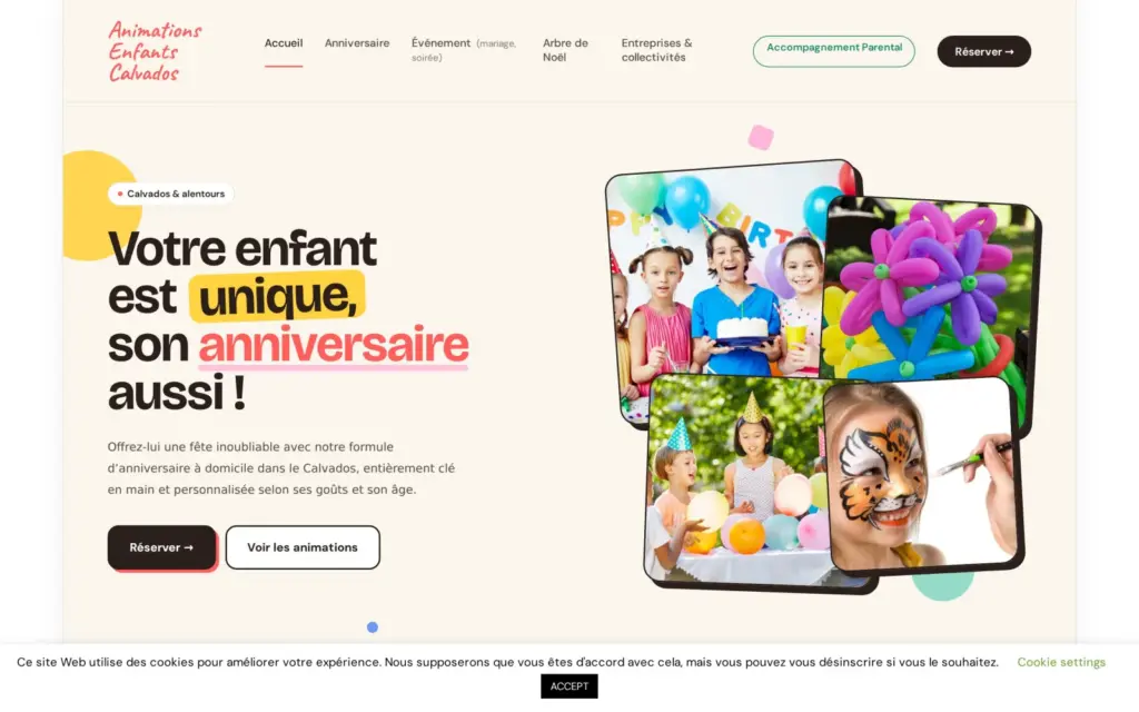 Page d'accueil du site Animations Enfants 14, réalisé par Atopia.studio