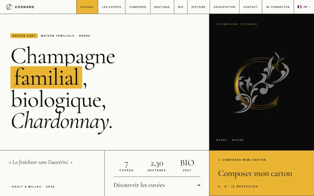 Page d'accueil du site Champagne Emmanuel Cosnard, réalisé par Atopia.studio